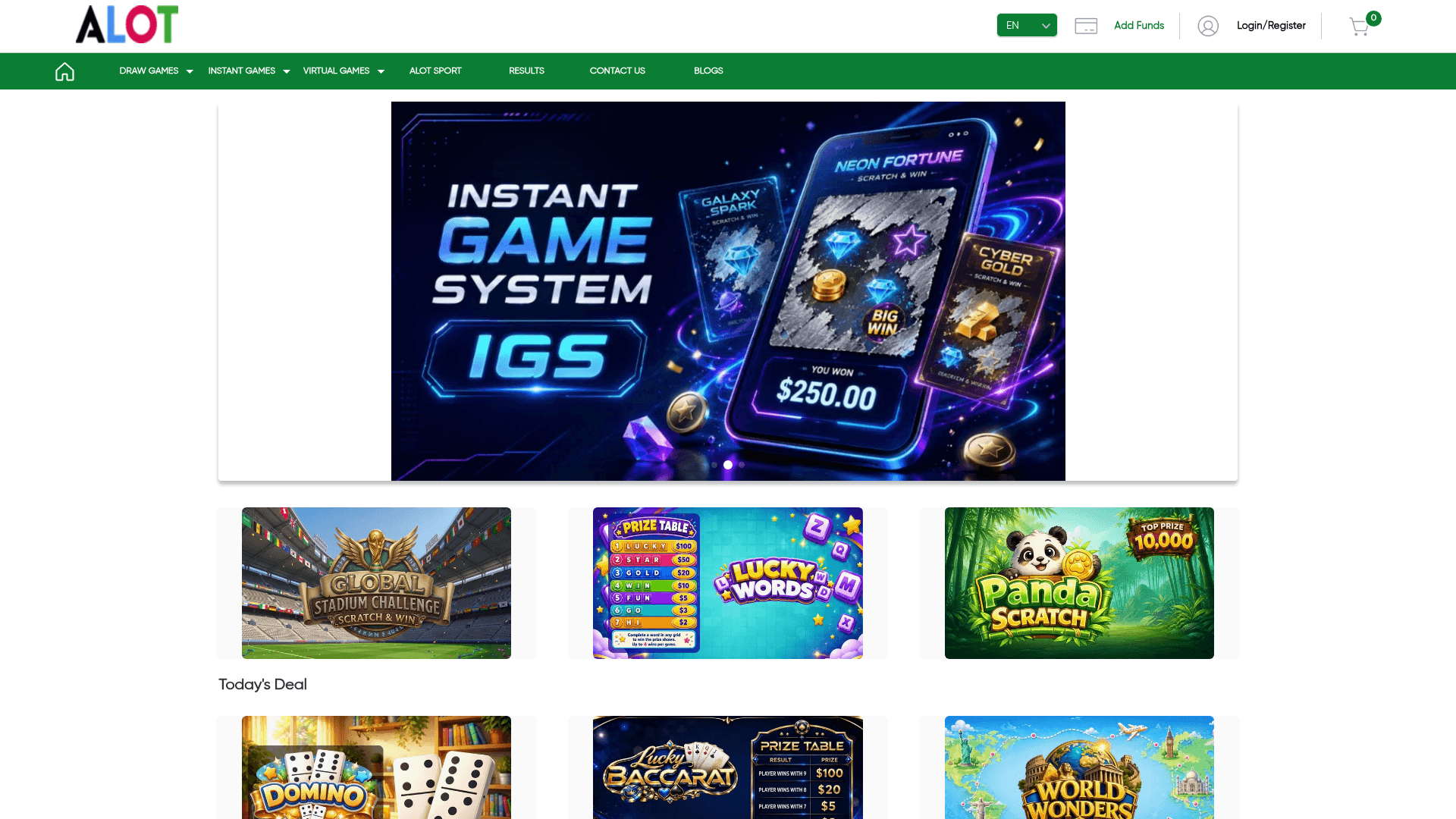 The ALOT Systems online lottery platform demo — home page with instant games, draw games and sports