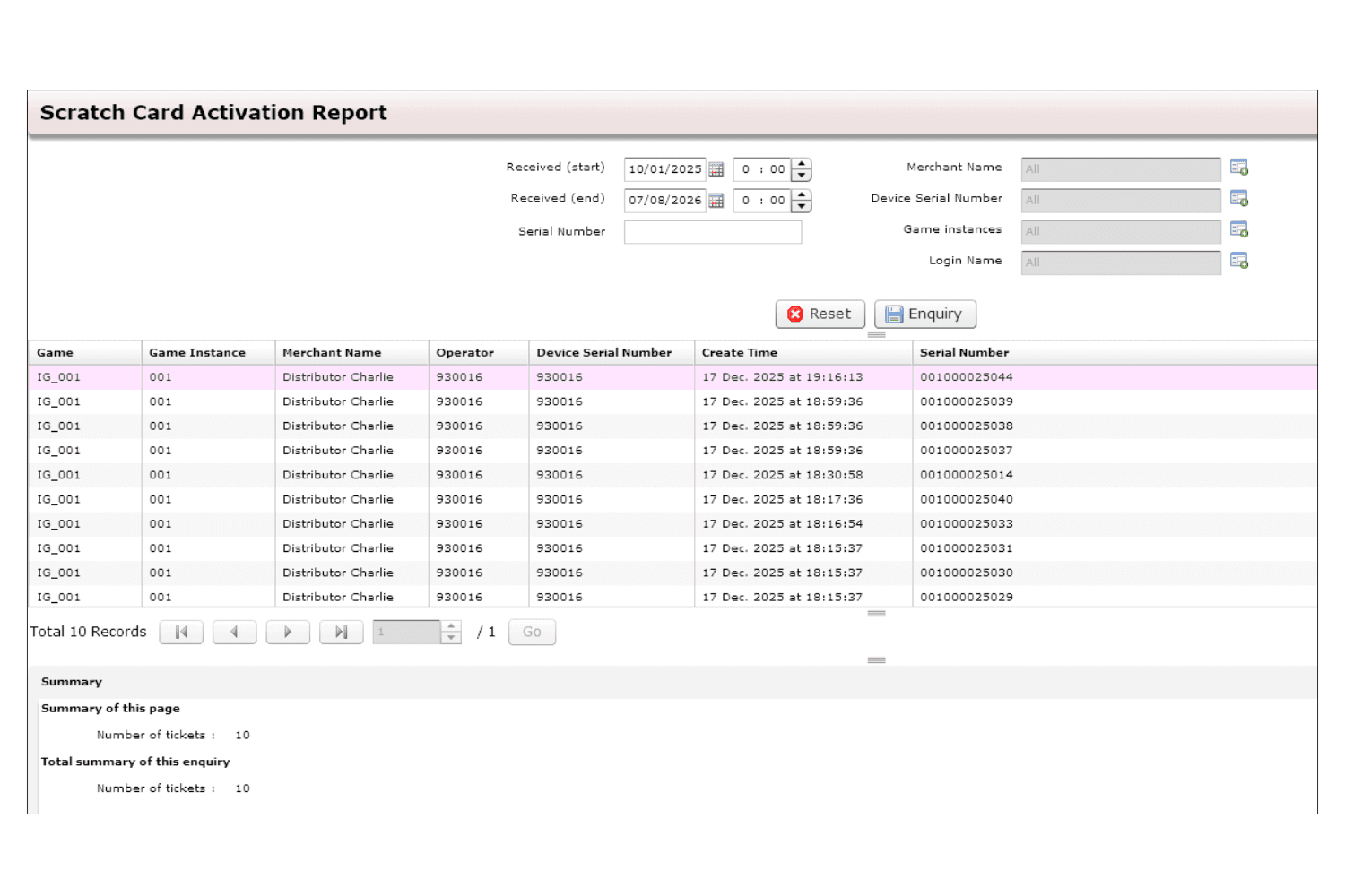 Scratch card activation report dashboard