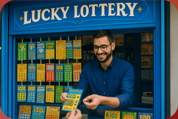 Lucky Lottery retail kiosk with scratchcards