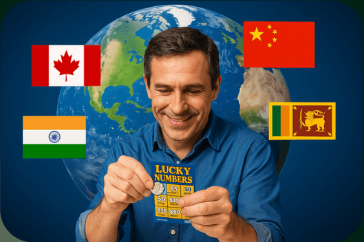 ALOT partner holding a lottery ticket beside a globe and partner-country flags